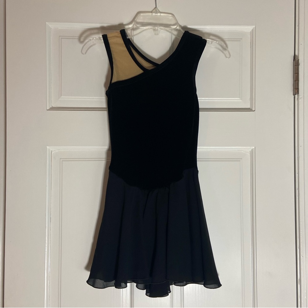 Black figure skating velvet ond shoulder dress
